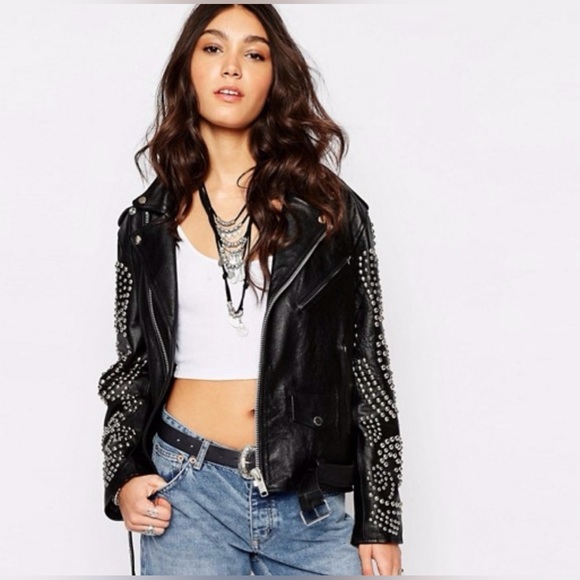 ASOS Reclaimed Vintage Black Real Leather Biker
Jacket Moto Stud ASOS H&M Zara M - Picture 3 of 16